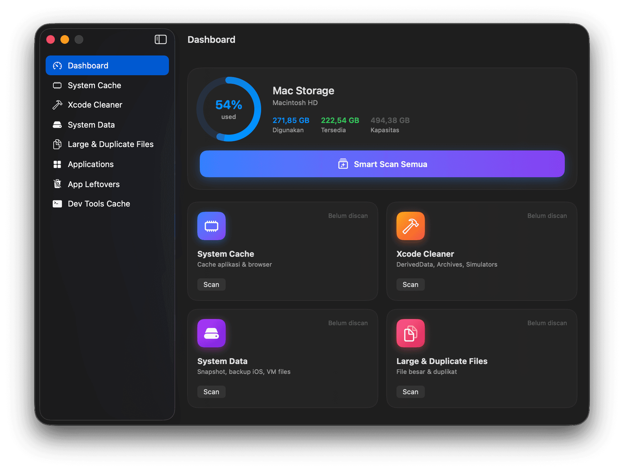 SandClean dashboard showing storage usage and scanner categories